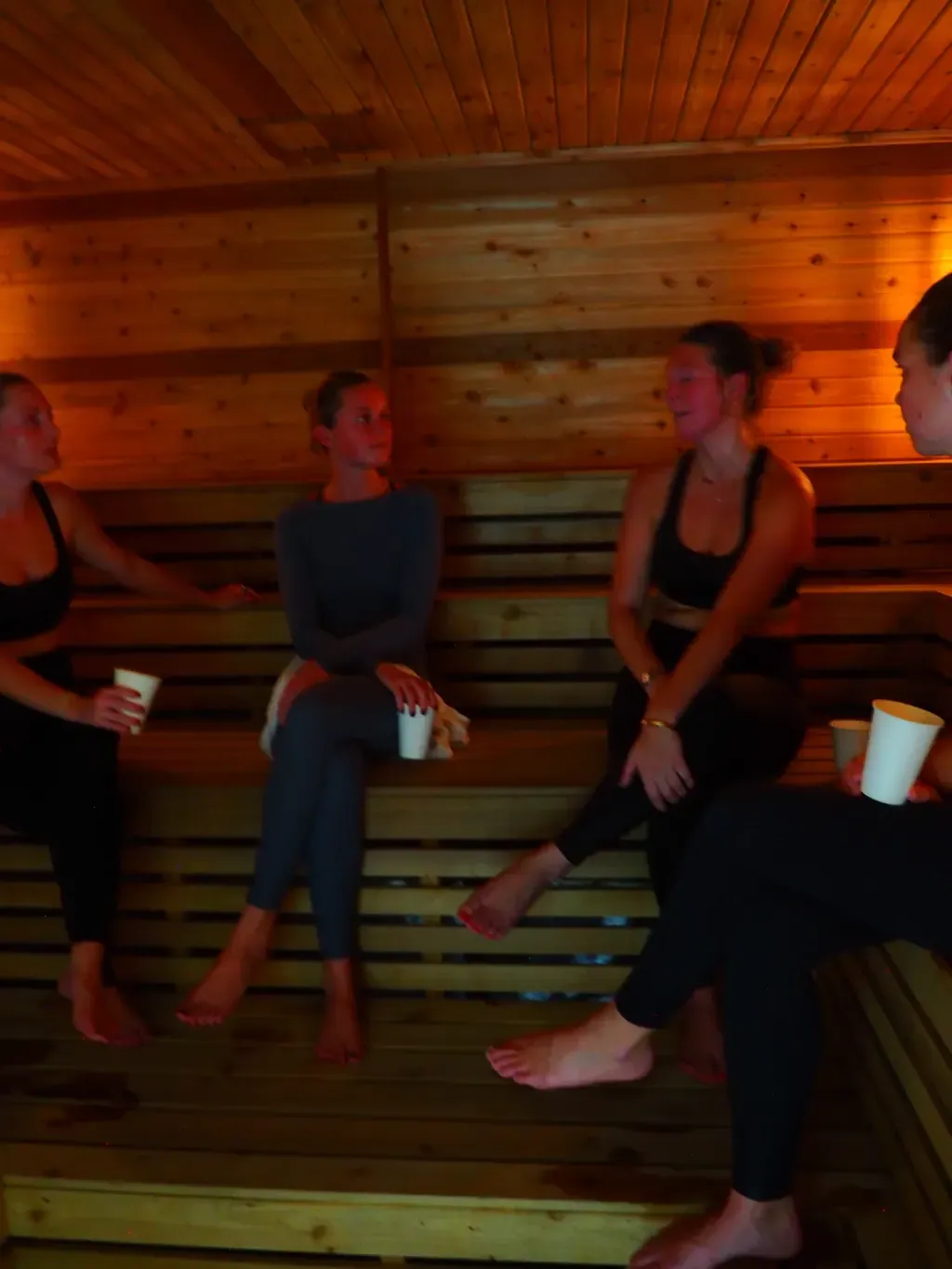 Guests relaxing together with drinks across the tiered benches of the warm, golden-lit Finnish sauna at Sauna Culture in Charlotte